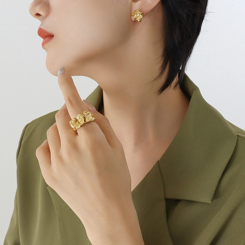 Stainless Steel 18K Gold Exaggerated Textured Stud Earrings