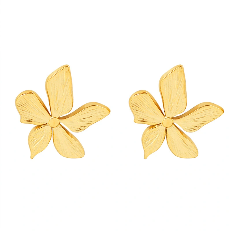 18K Gold Color Texture Stainless Steel Flower Earrings