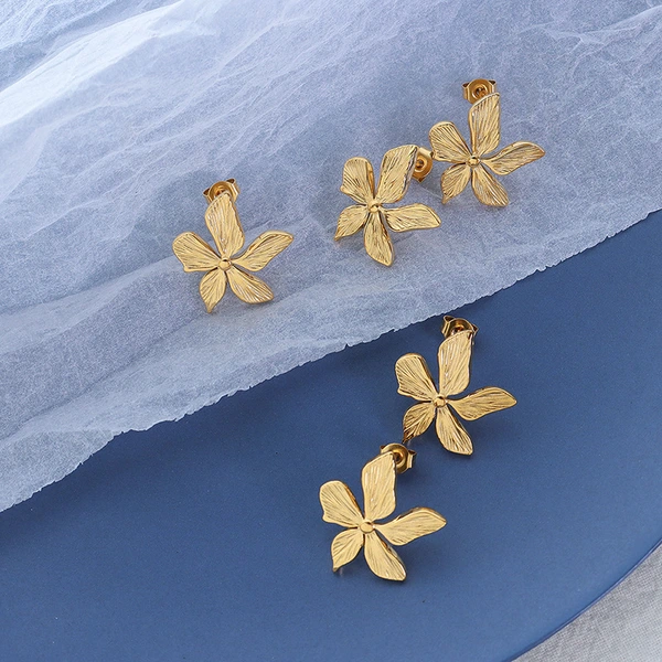 18K Gold Color Texture Stainless Steel Flower Earrings