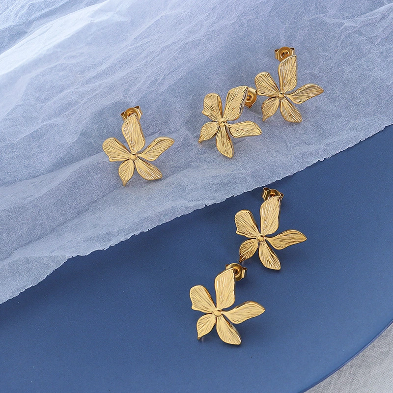 18K Gold Color Texture Stainless Steel Flower Earrings