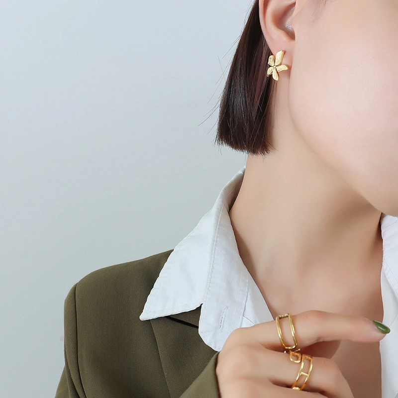 18K Gold Color Texture Stainless Steel Flower Earrings