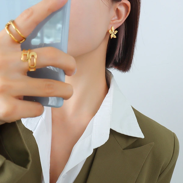 18K Gold Color Texture Stainless Steel Flower Earrings