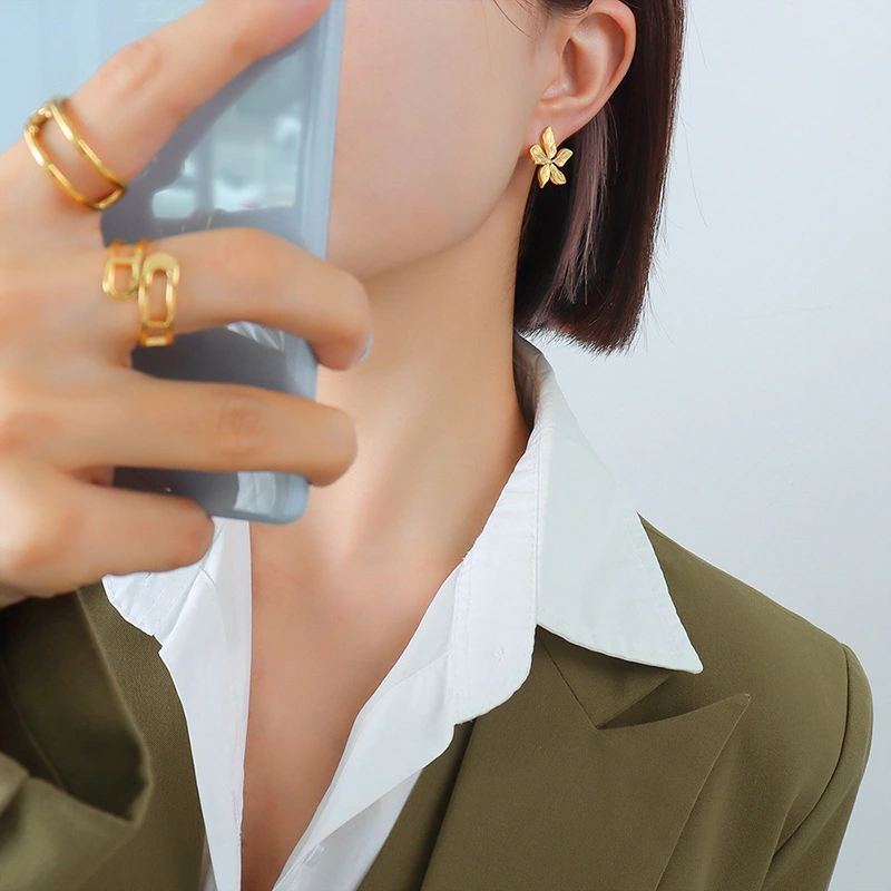 18K Gold Color Texture Stainless Steel Flower Earrings