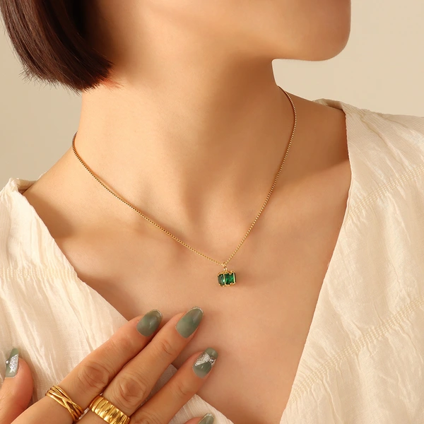 18K Gold Vermeil Yellow Gold Emerald Square Necklace