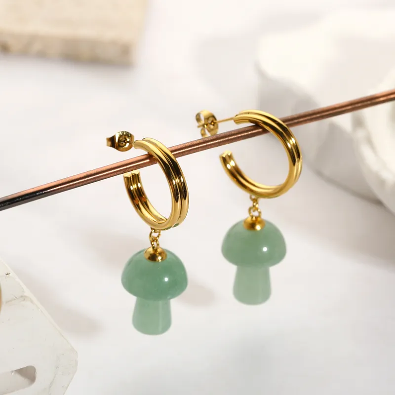 Fashion Stainless Steel Mushroom Chrysoprase Earrings