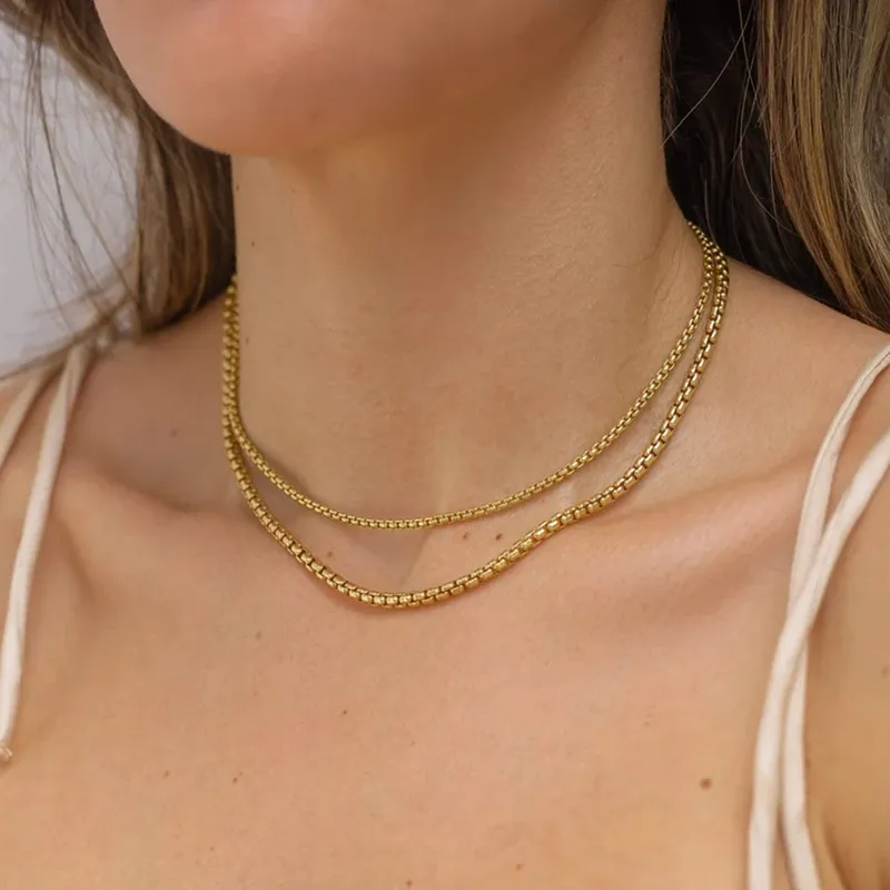 Women Jewelry Gold Plated Large Stainless Steel Box Necklace