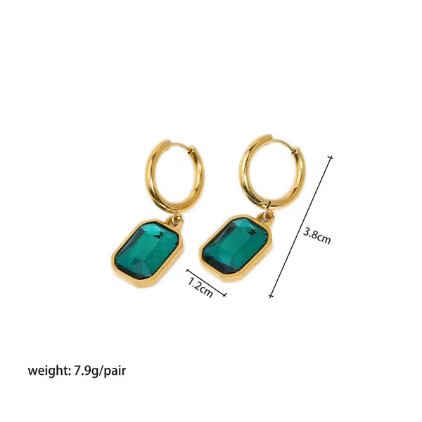 Stainless Steel Women Huggie Hoops Big Green Crystal Earrings