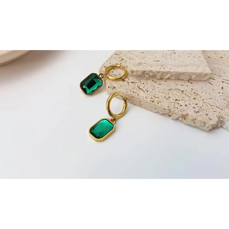 Stainless Steel Women Huggie Hoops Big Green Crystal Earrings