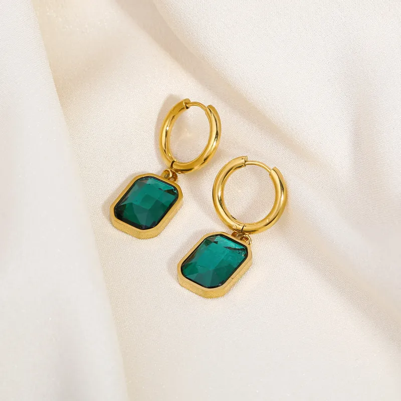 Stainless Steel Women Huggie Hoops Big Green Crystal Earrings