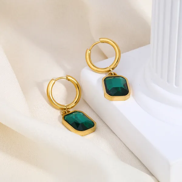 Stainless Steel Women Huggie Hoops Big Green Crystal Earrings