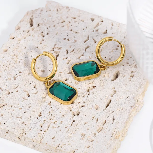 Stainless Steel Women Huggie Hoops Big Green Crystal Earrings