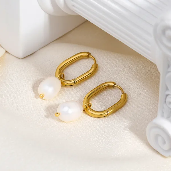 18K Gold Plating Women Huggie Earrings Drop Pearls