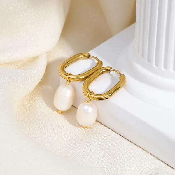 18K Gold Plating Women Huggie Earrings Drop Pearls