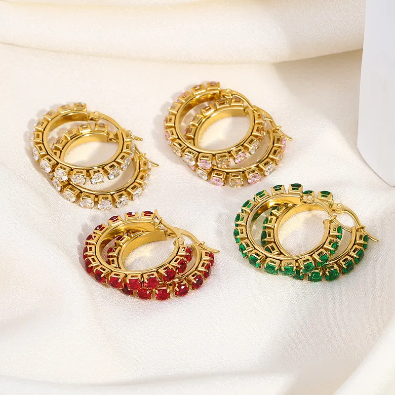 Stainless Steel Gold Plated Pure Color Stone Hoop Earrings
