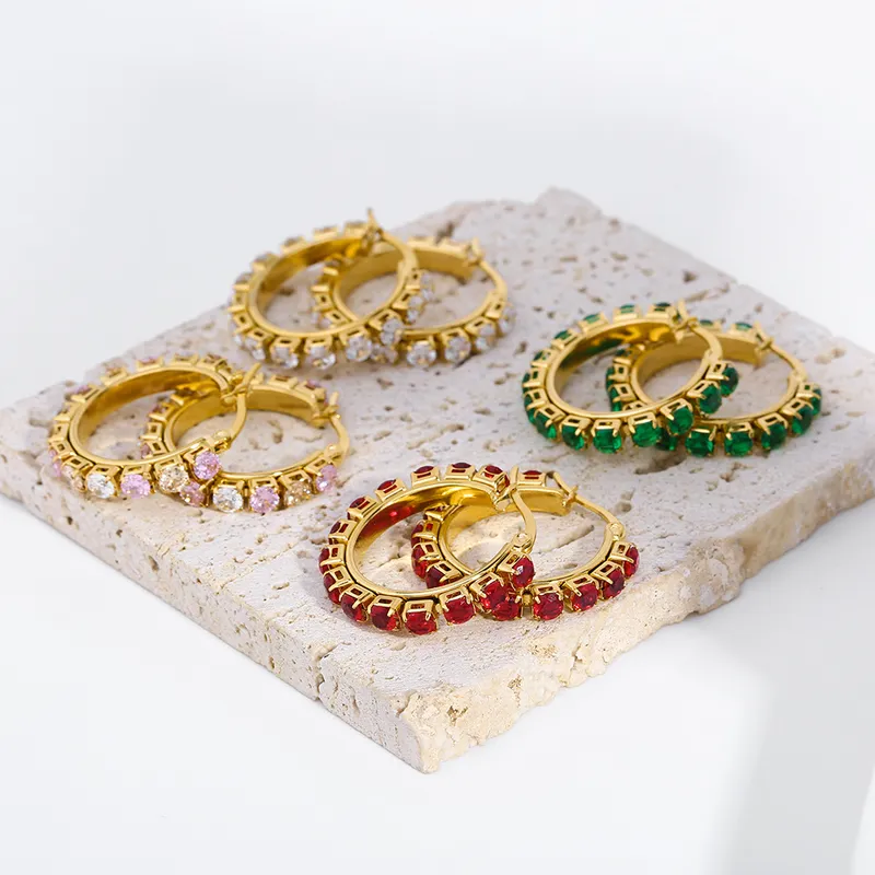 Stainless Steel Gold Plated Pure Color Stone Hoop Earrings
