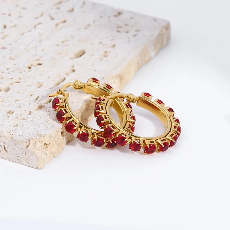 Stainless Steel Gold Plated Pure Color Stone Hoop Earrings