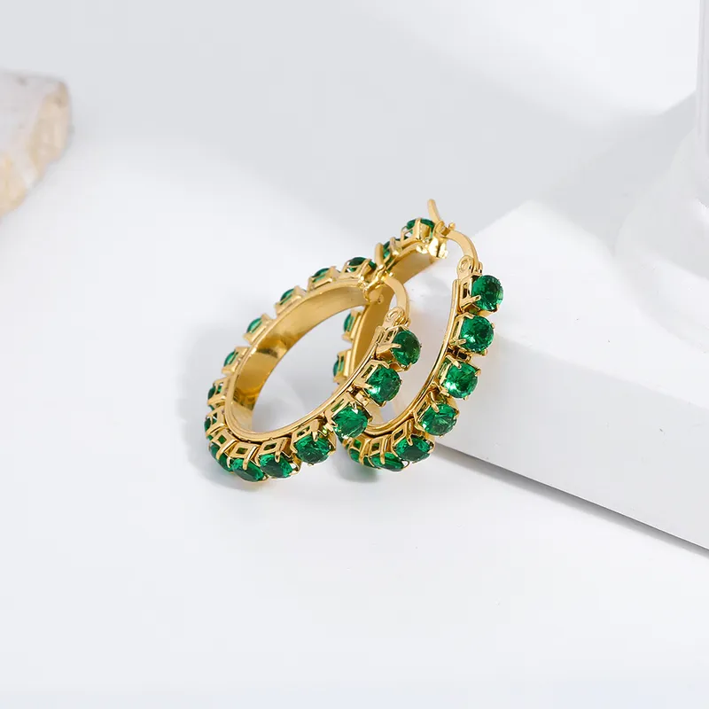Stainless Steel Gold Plated Pure Color Stone Hoop Earrings