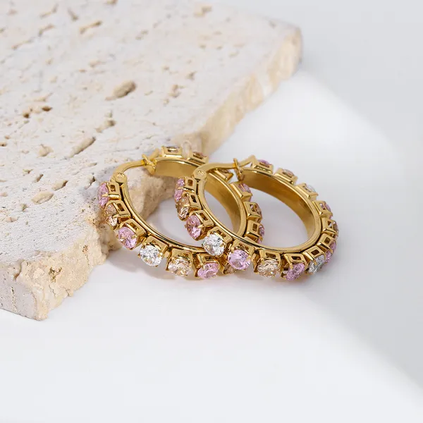 Stainless Steel Gold Plated Pure Color Stone Hoop Earrings