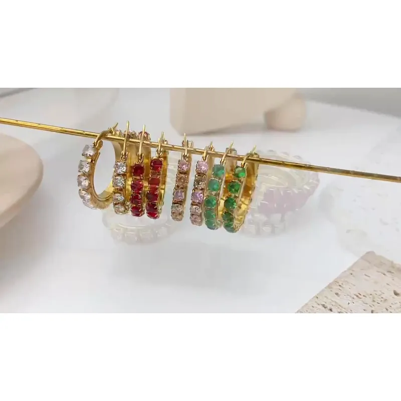 Stainless Steel Gold Plated Pure Color Stone Hoop Earrings