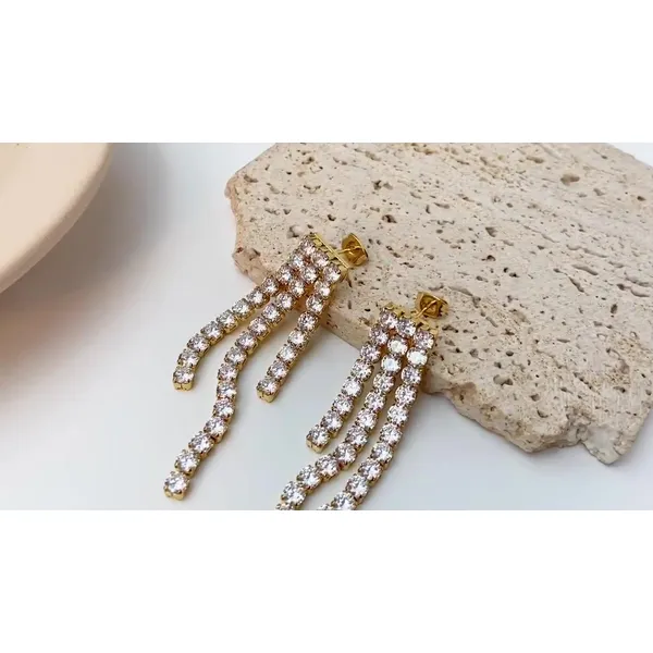 Women Stainless Steel Gold Plated Iced Out Drop Earrings