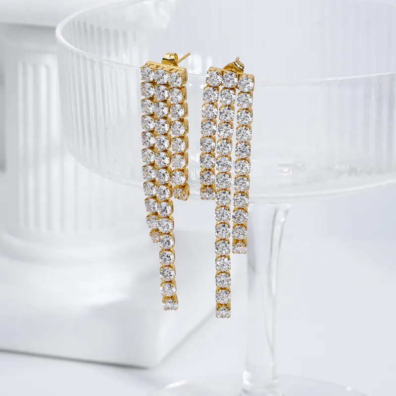 Women Stainless Steel Gold Plated Iced Out Drop Earrings