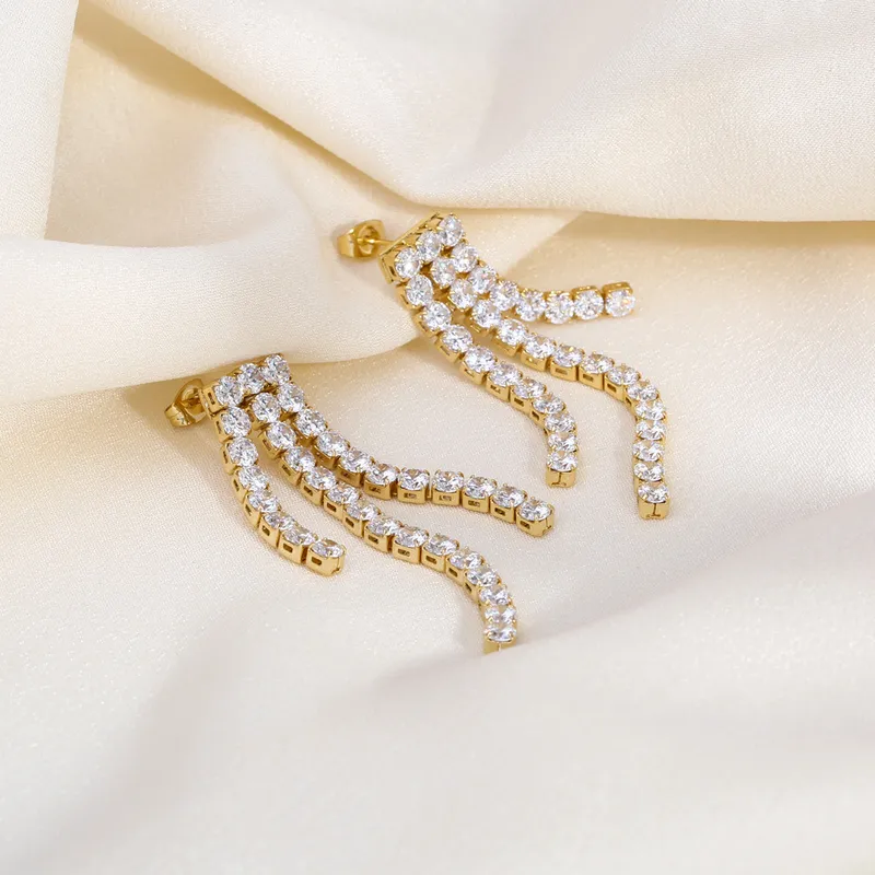 Women Stainless Steel Gold Plated Iced Out Drop Earrings