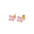 Women Stainless Steel Pink Color Square CZ Stud Earrings