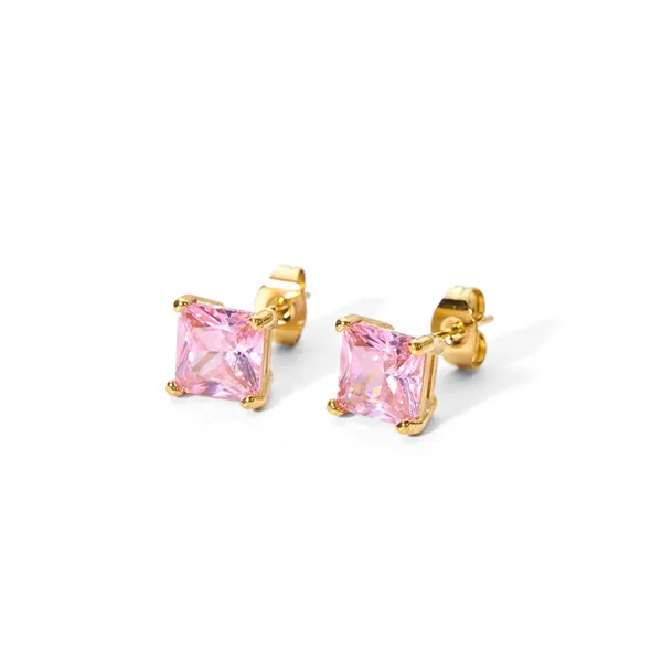 Women Stainless Steel Pink Color Square CZ Stud Earrings