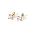 Women Stainless Steel Pink Color Square CZ Stud Earrings