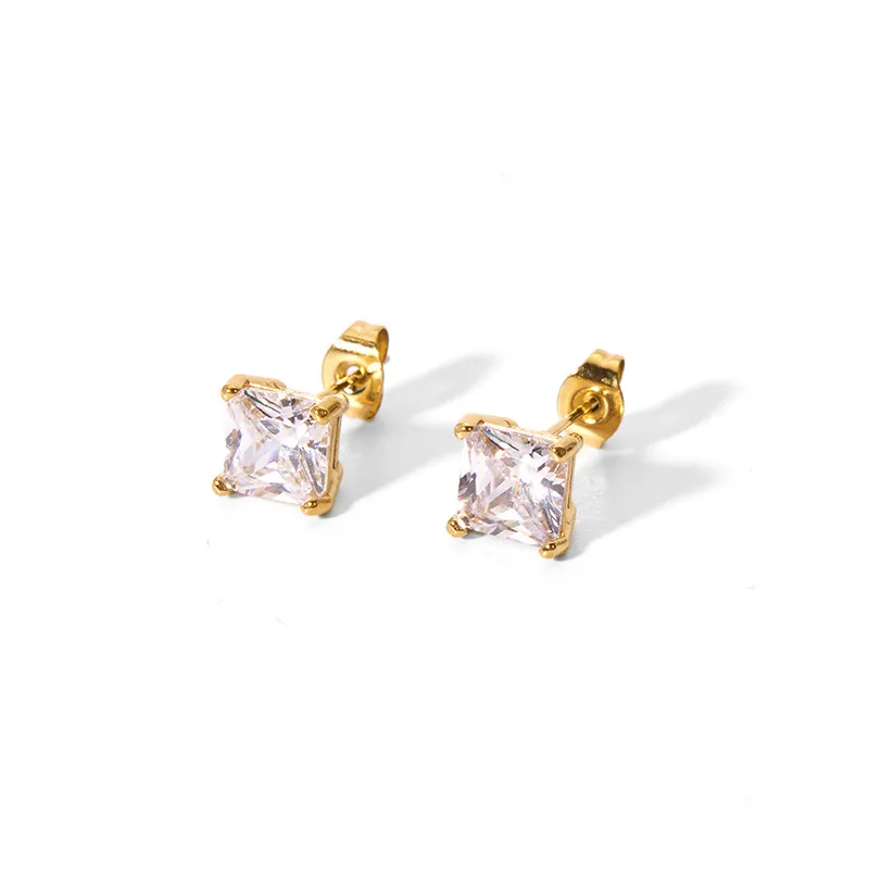 Women Stainless Steel Pink Color Square CZ Stud Earrings