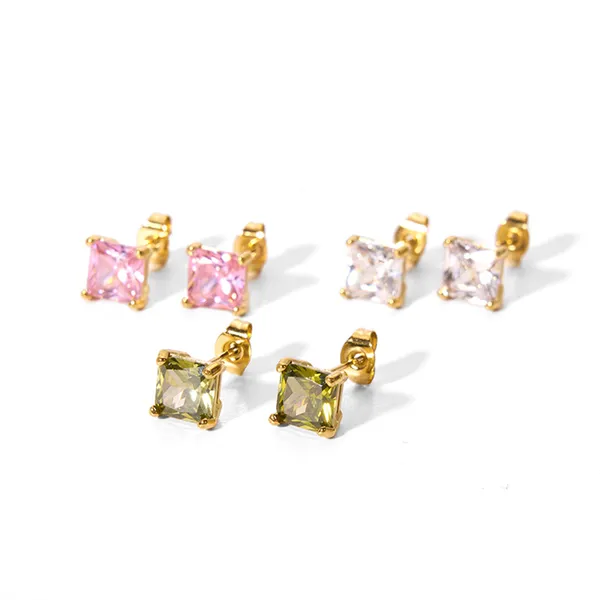 Women Stainless Steel Pink Color Square CZ Stud Earrings