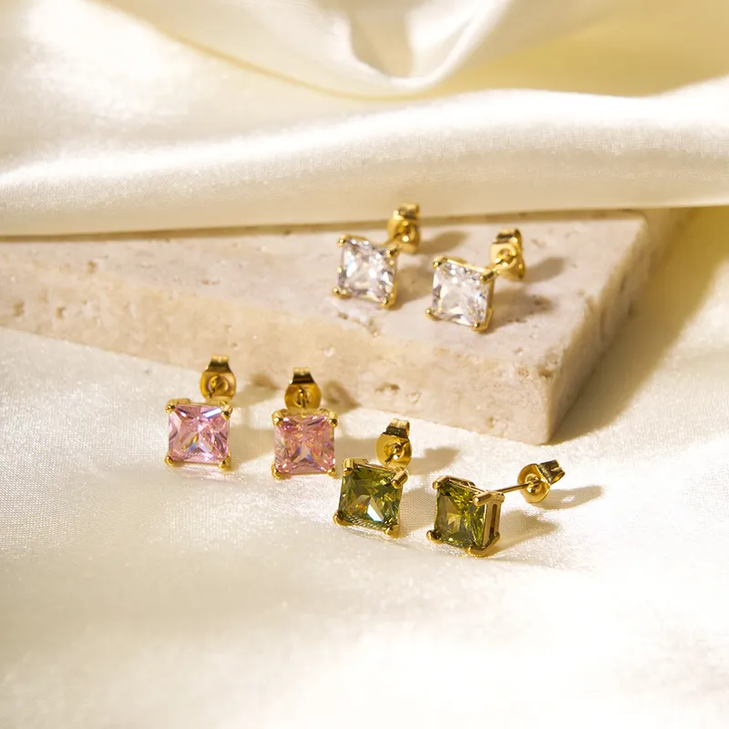 Women Stainless Steel Pink Color Square CZ Stud Earrings