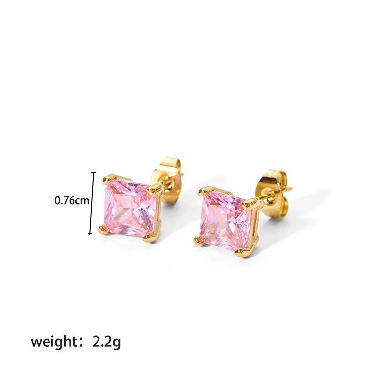 Women Stainless Steel Pink Color Square CZ Stud Earrings
