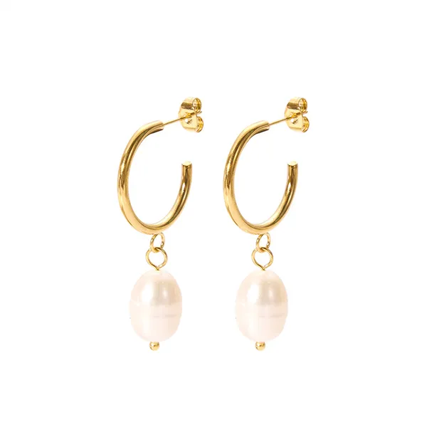 Women Stainless Steel New Pearl Hoop Earrings