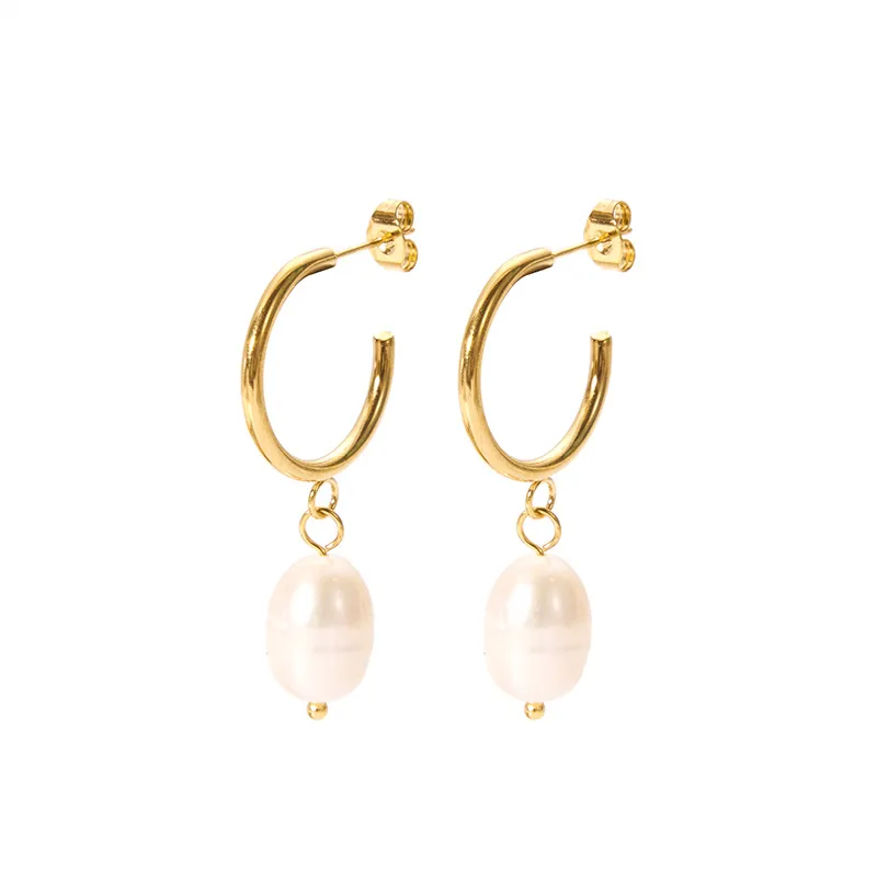Women Stainless Steel New Pearl Hoop Earrings