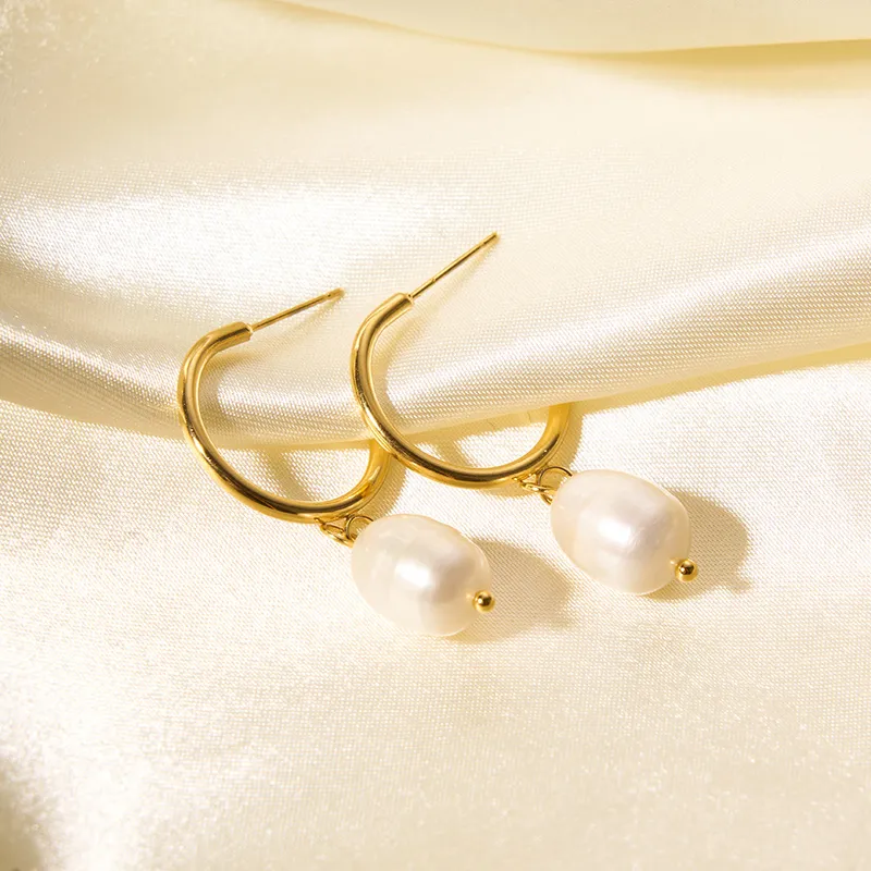 Women Stainless Steel New Pearl Hoop Earrings