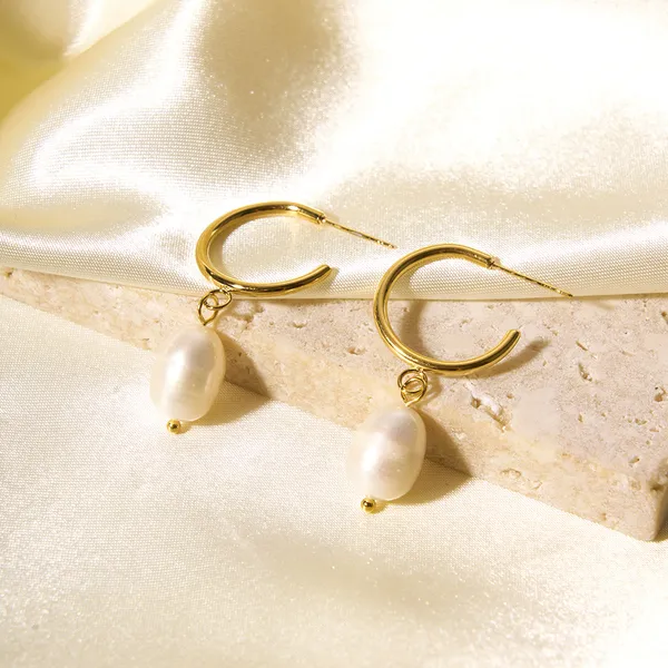 Women Stainless Steel New Pearl Hoop Earrings