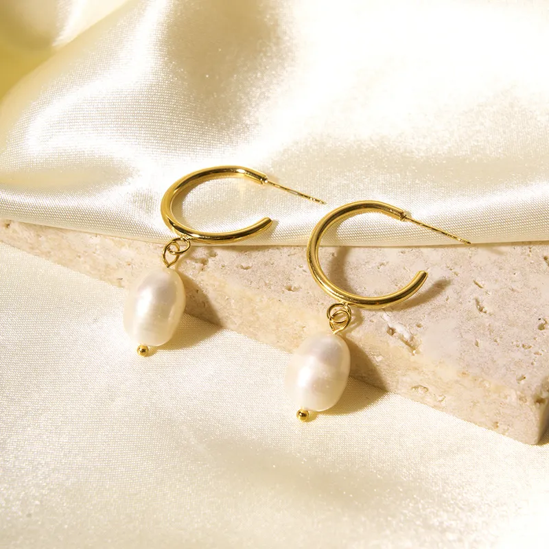 Women Stainless Steel New Pearl Hoop Earrings