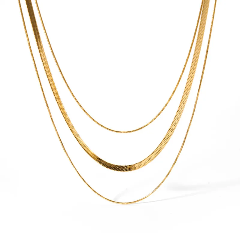 18K Gold Plated Stainless Steel Fashion Triple Snake Chain Necklace