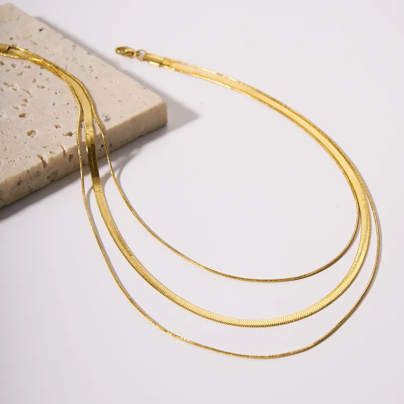 18K Gold Plated Stainless Steel Fashion Triple Snake Chain Necklace