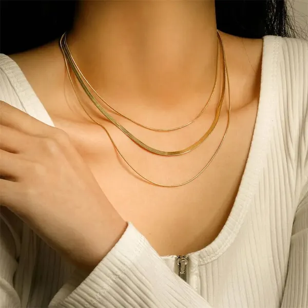 18K Gold Plated Stainless Steel Fashion Triple Snake Chain Necklace