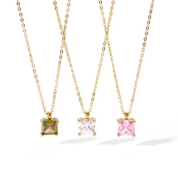 Stainless Steel Color Sqaure Stone Pendnat Necklace