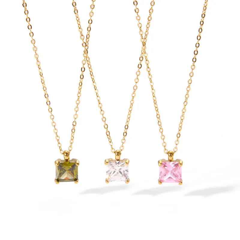 Stainless Steel Color Sqaure Stone Pendnat Necklace