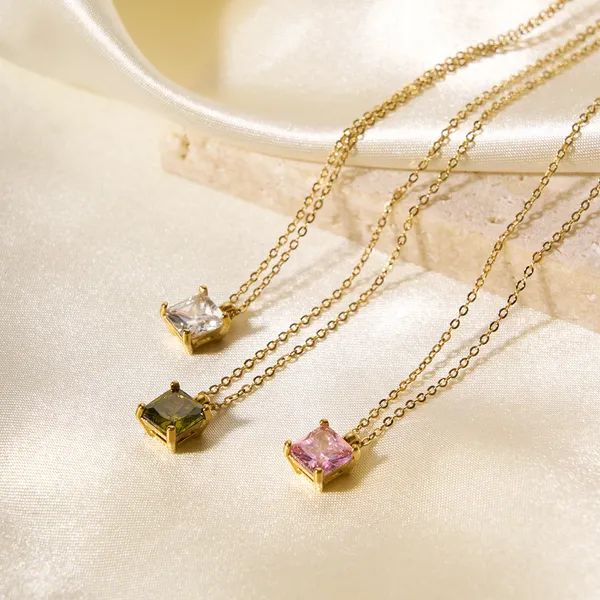 Stainless Steel Color Sqaure Stone Pendnat Necklace