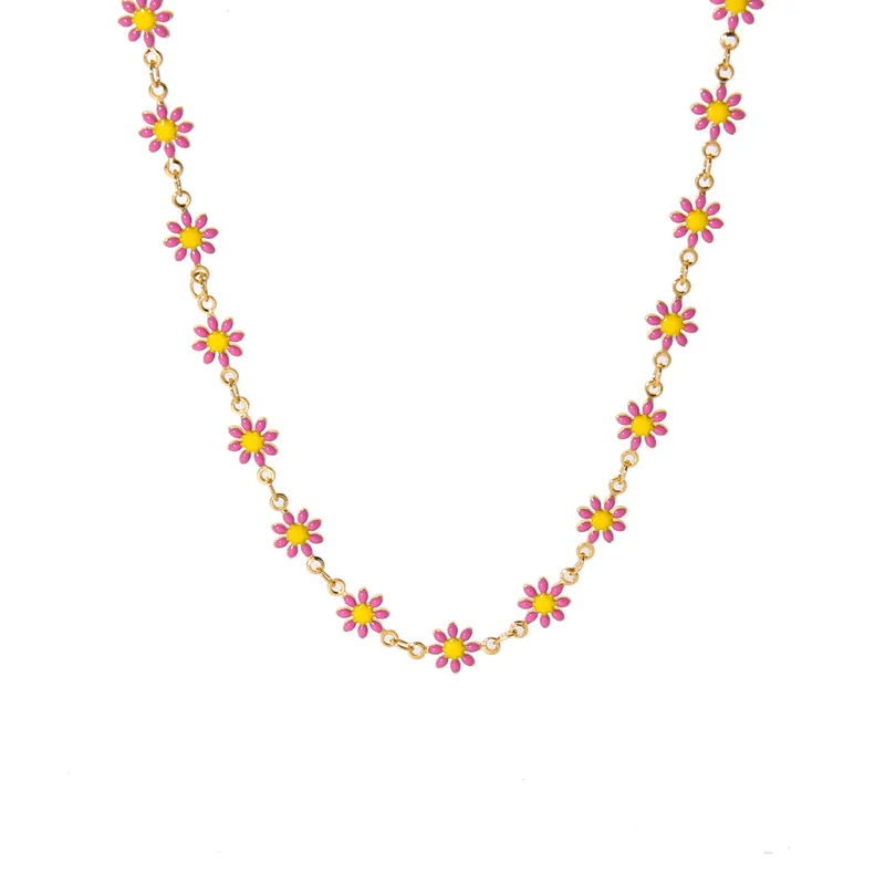 18K Gold Colorful Enamel Daisy Necklace