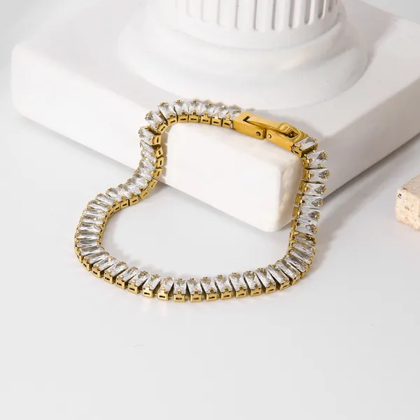 Fashion Stainless Steel White CZ Rectangle Line Stone Bracelet