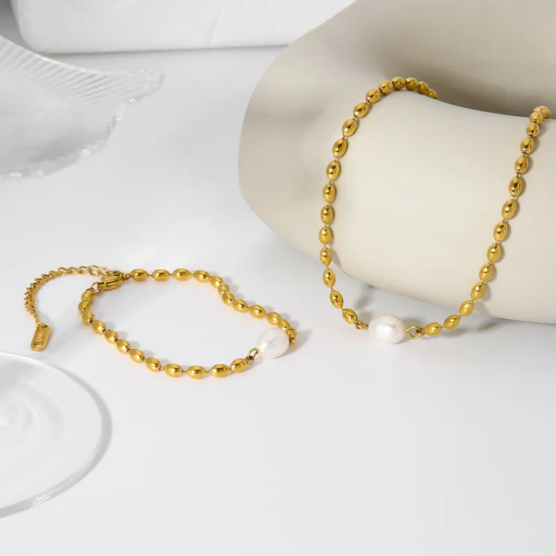 Stainless Steel Beaded Natural Freshwater Pearl Bracelet