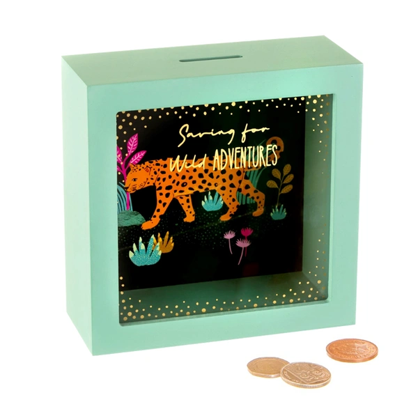 Customized wooden glass bank money cash coin storage box frame 3D 