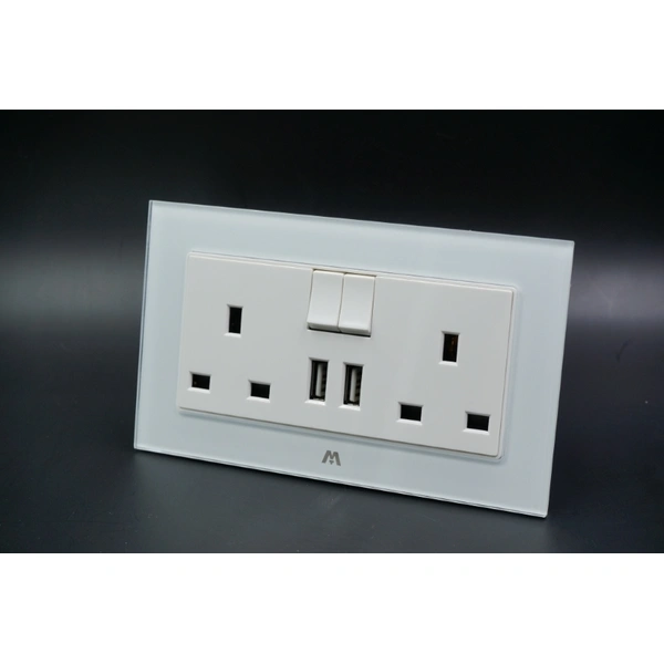 GlASS TWIN BS SWITCHED SOCKET WITH USB IN GOOD PRICE & QUALITY