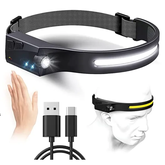 LED Headlamp Rechargeable, Bright Adults Lightweight Headlamps, 5 Modes Inductive Switch Waterproof Flashlight, 230°Wide Beam Headlamp with Motion Sensor, for Outdoor Hiking Running Fishing Working